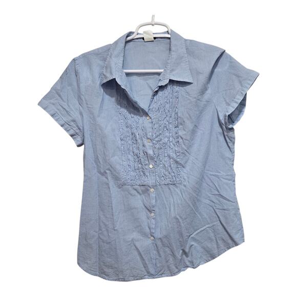 J.Crew Blue White Striped Pintuck Pleated Button Shirt Size 14 Short Sleeve - Picture 1 of 7